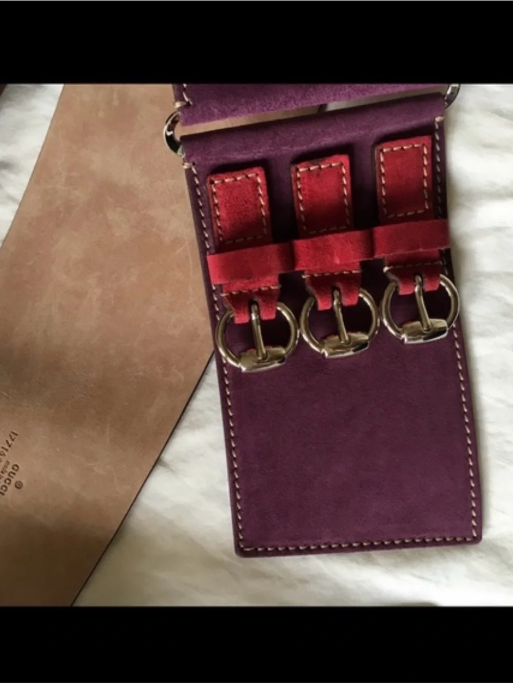 Gucci Purple Leather Waist Belt with Red Strap Accents and Gold Buckle
